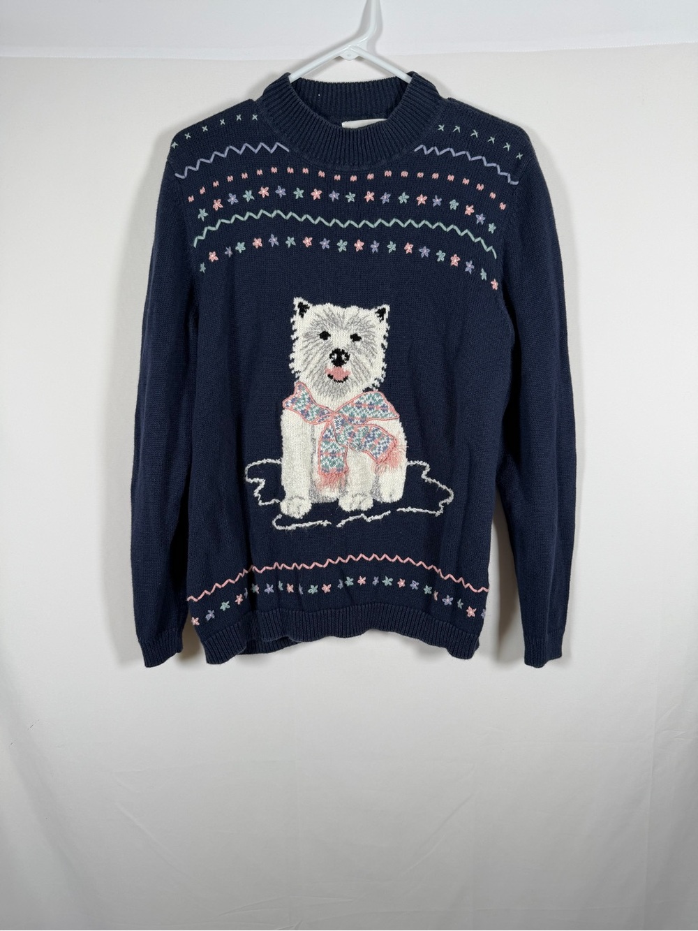 Vintage Navy Novelty Dog Motif Crewneck Sweater Cottagecore, Granny, Cozy